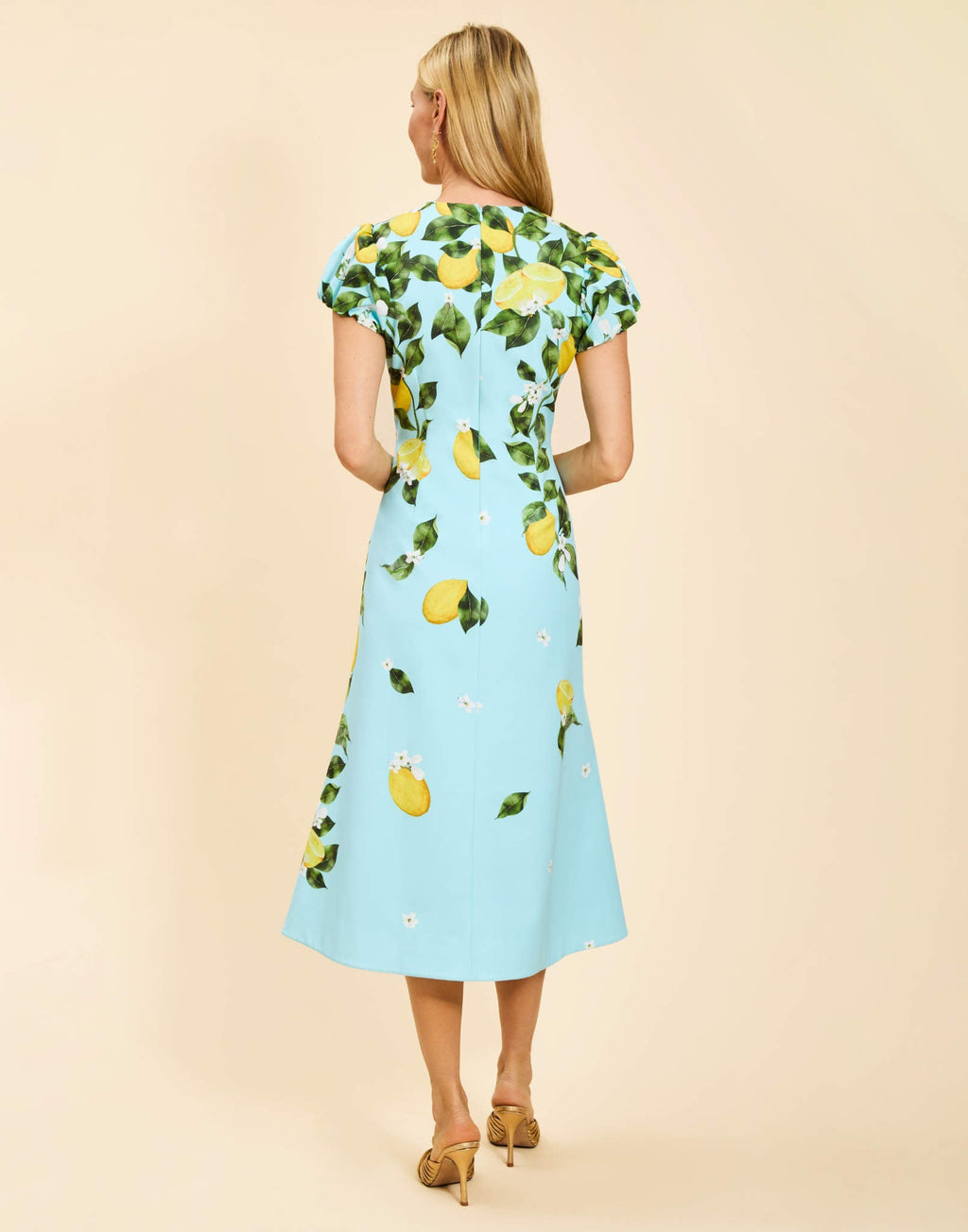 Perla Midi Dress in Sorrento Citrus stretch crepe with puff cap sleeves, crew neckline, and fit-and-flare silhouette.