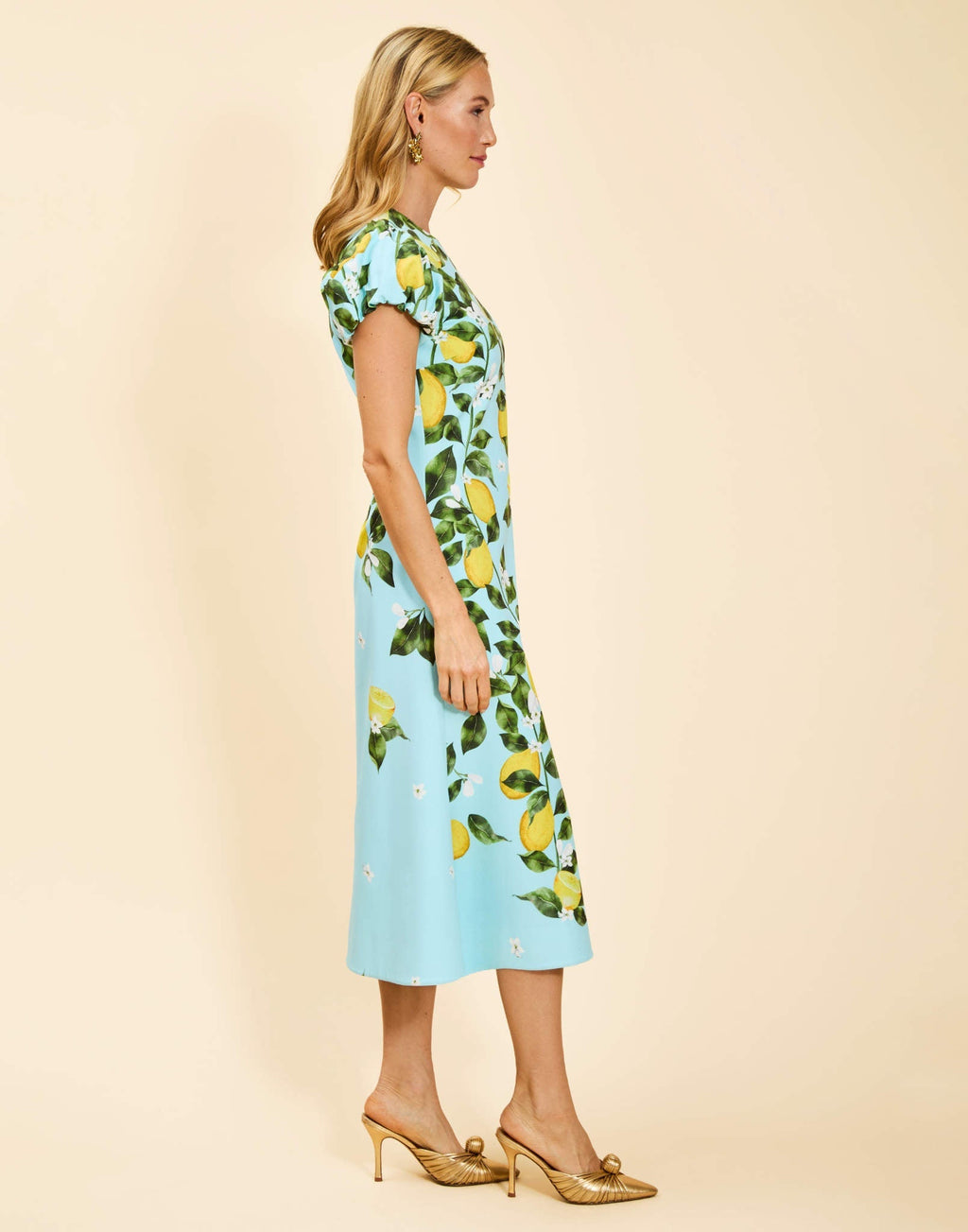 Perla Midi Dress in Sorrento Citrus stretch crepe with puff cap sleeves, crew neckline, and fit-and-flare silhouette.