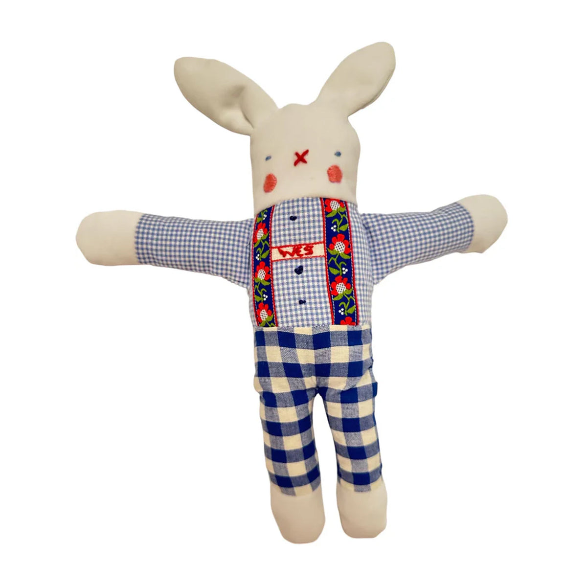 Front view of boy bunny doll with embroidered red name on chest, blue gingham sleeves and blue checkered pants on white background