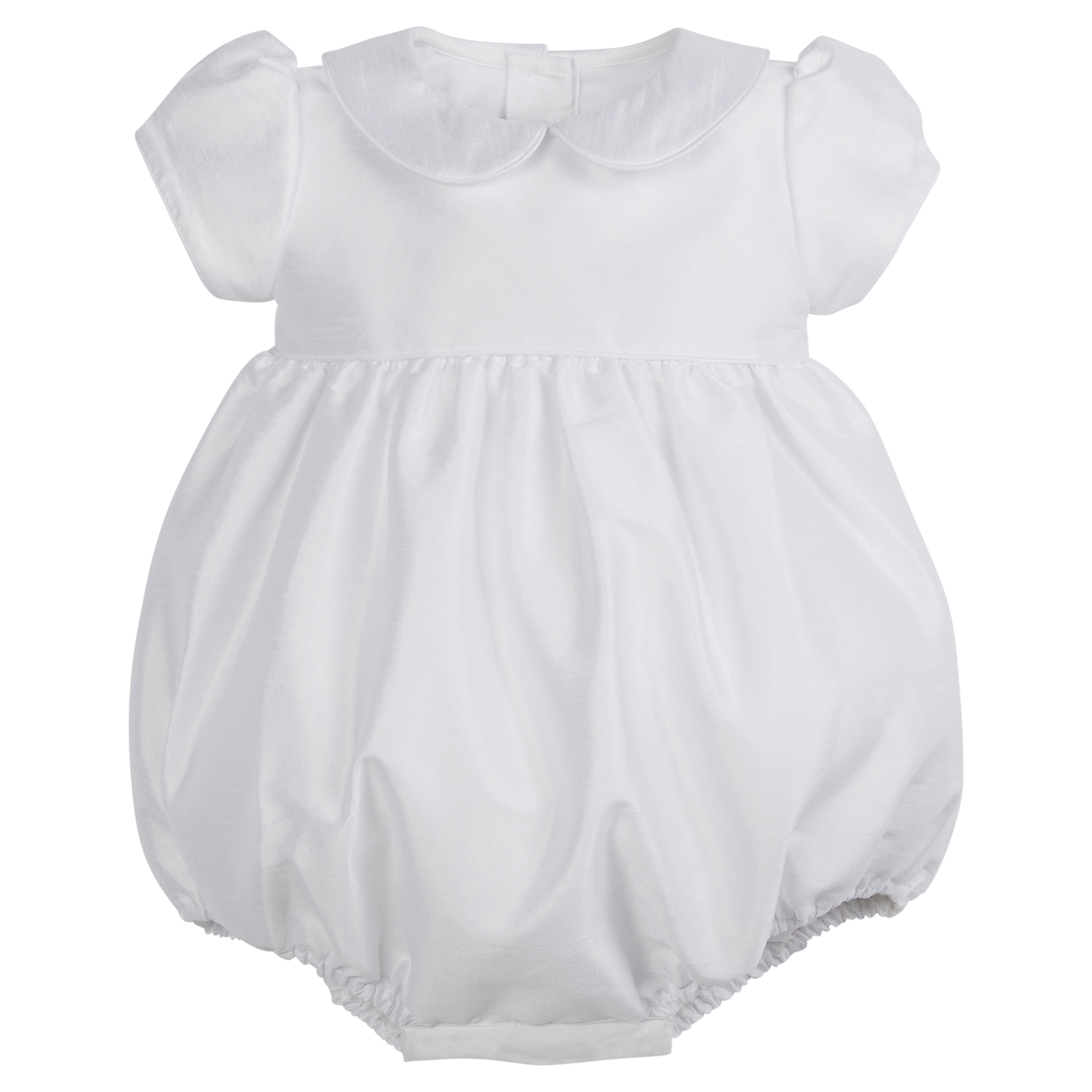 Little English traditional children's clothing, dressy white bubble with puff sleeves and peter pan collar for babies.  Wedding outfit for baby 