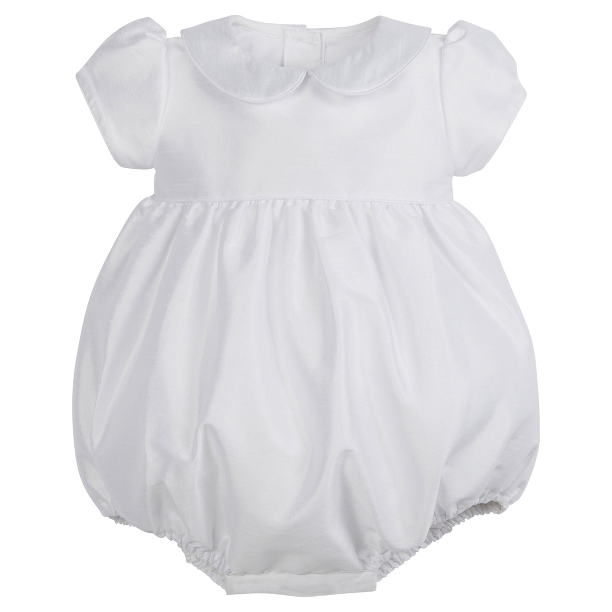 Little English traditional children's clothing, dressy white bubble with puff sleeves and peter pan collar for babies.  Wedding outfit for baby 