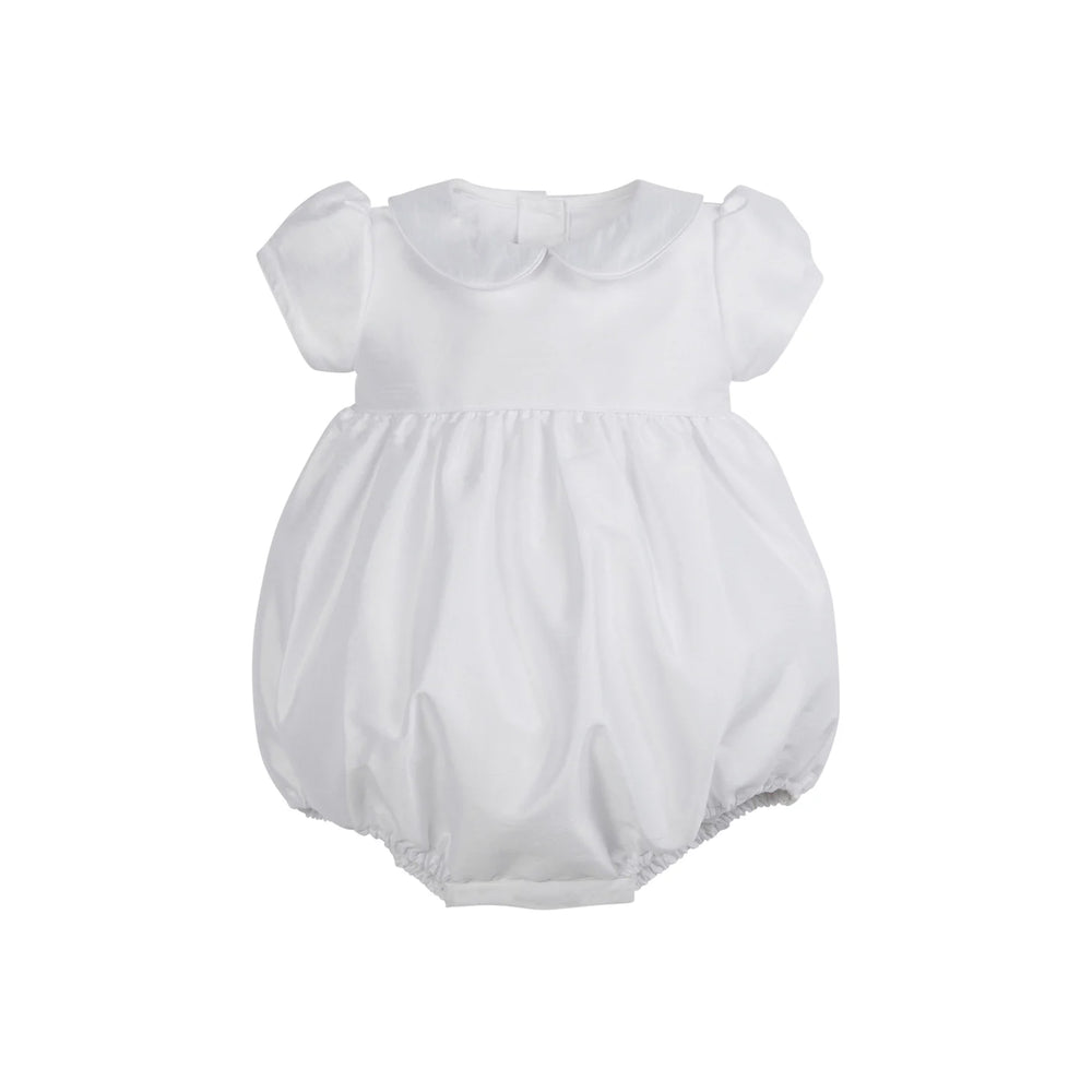 Front view of Peter Pan Formal Bubble in Special Occasion White with cap sleeves and Peter Pan collar on white background