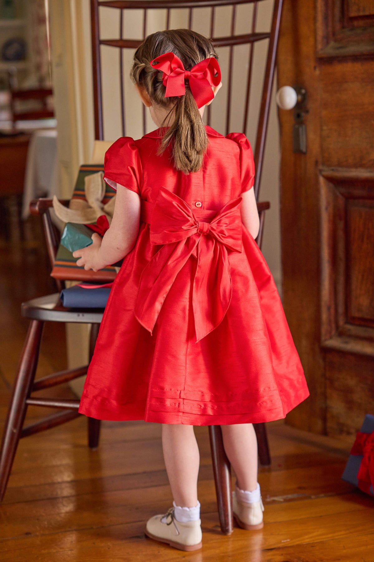 Little English traditional children's clothing, Peter Pan formal dress in red with sash around waist, for little girl