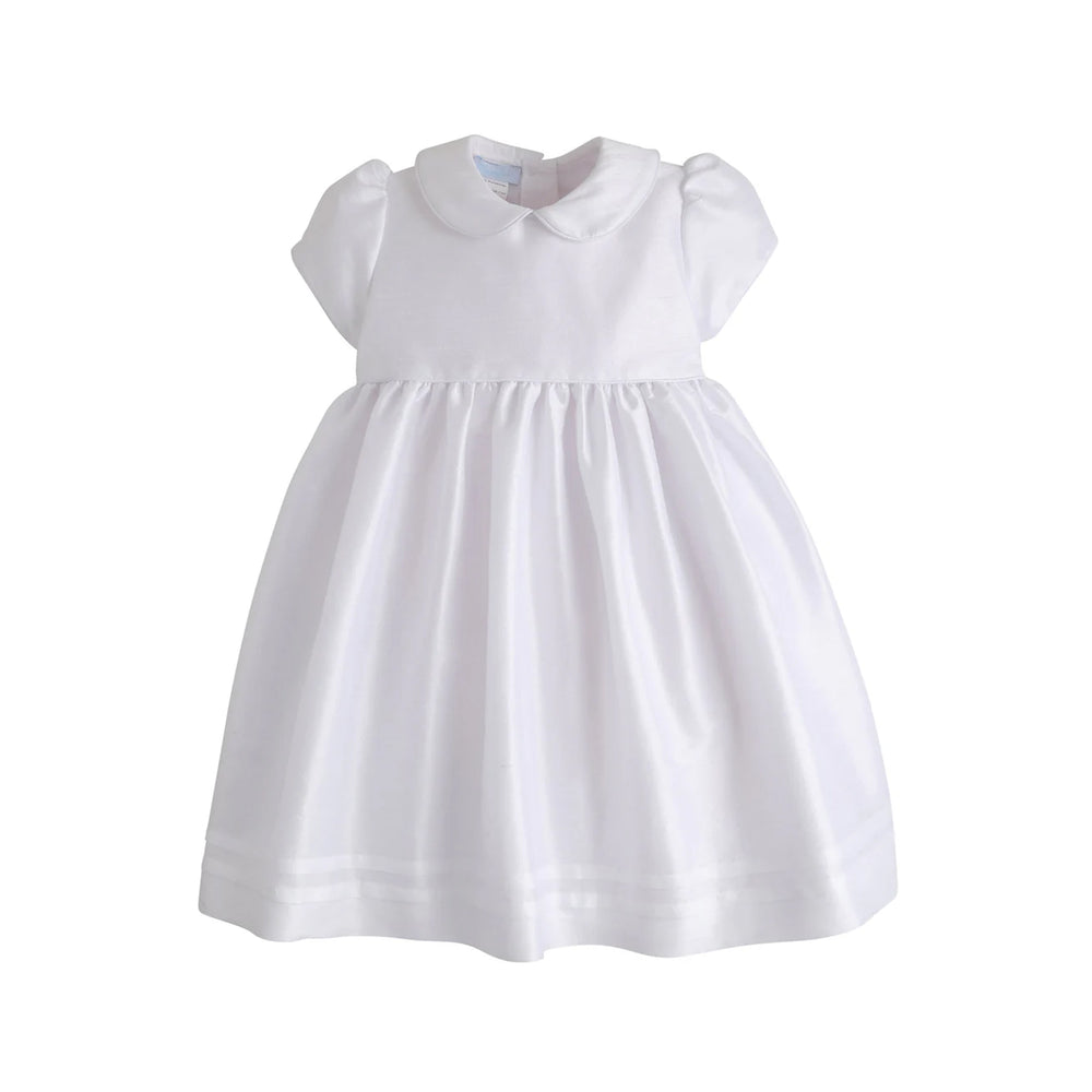Front view of Peter Pan formal dress showcasing Peter Pan collar, cap sleeves, gathered waist and full skirt on white background