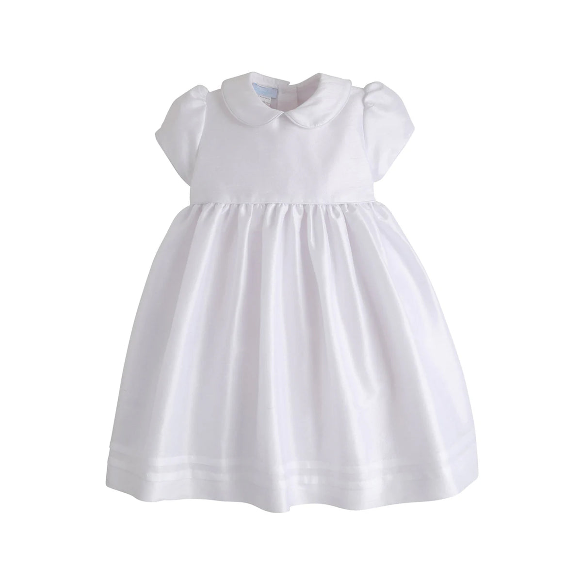 Front view of Peter Pan formal dress showcasing Peter Pan collar, cap sleeves, gathered waist and full skirt on white background
