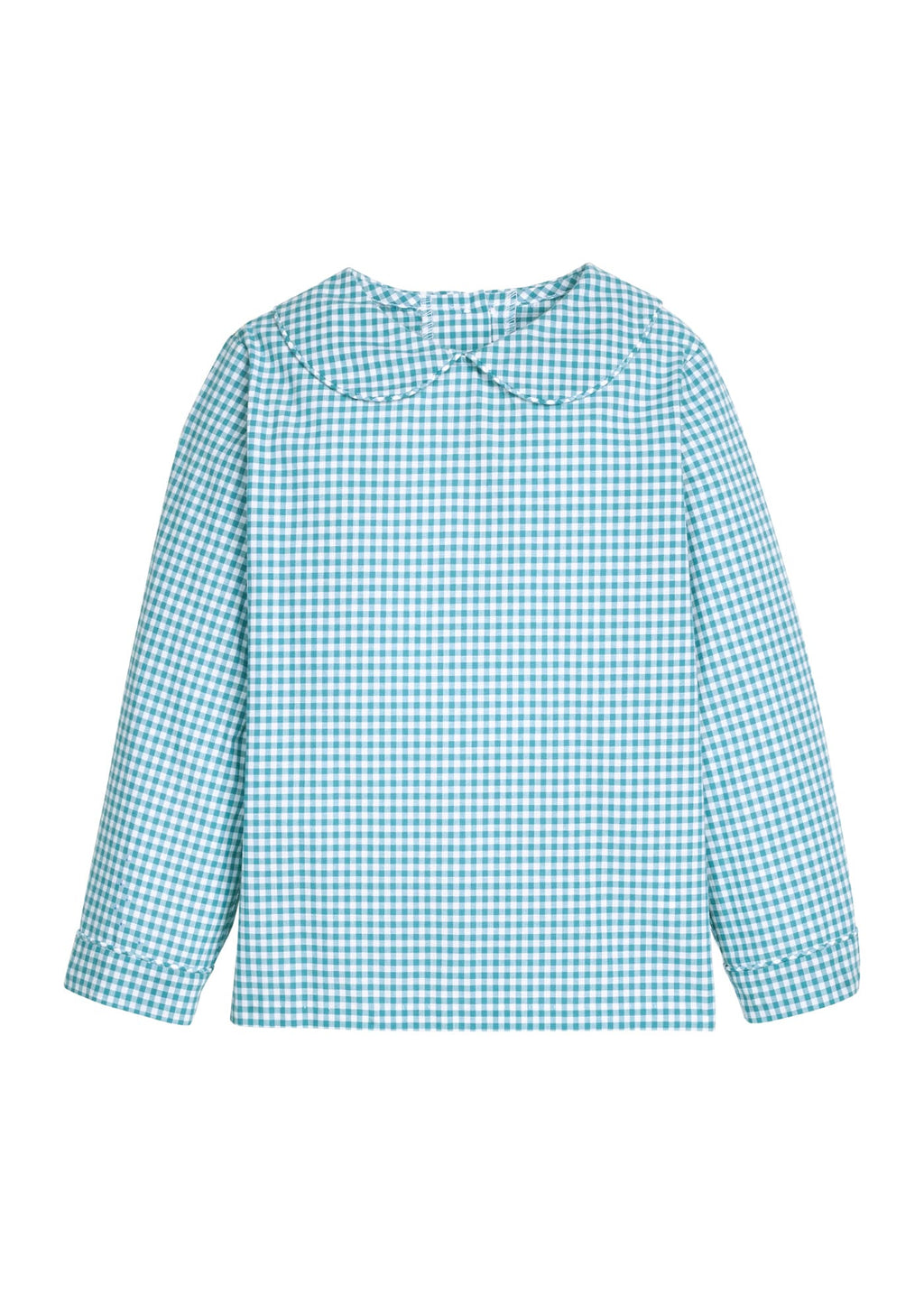 Little English traditional children's clothing.  Classic long sleeve peter pan shirt in blue Alpine Gingham for toddler boys