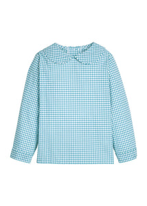 Little English traditional children's clothing.  Classic long sleeve peter pan shirt in blue Alpine Gingham for toddler boys