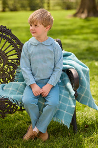 Little English traditional children's clothing.  Classic long sleeve peter pan shirt in blue Alpine Gingham paired with blue Alpine Corduroy pull on pants for toddler boys