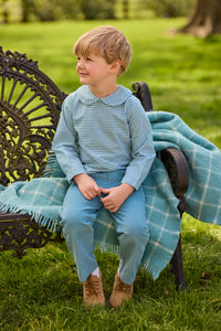 Little English traditional children's clothing.  Classic long sleeve peter pan shirt in blue Alpine Gingham paired with blue Alpine Corduroy pull on pants for toddler boys