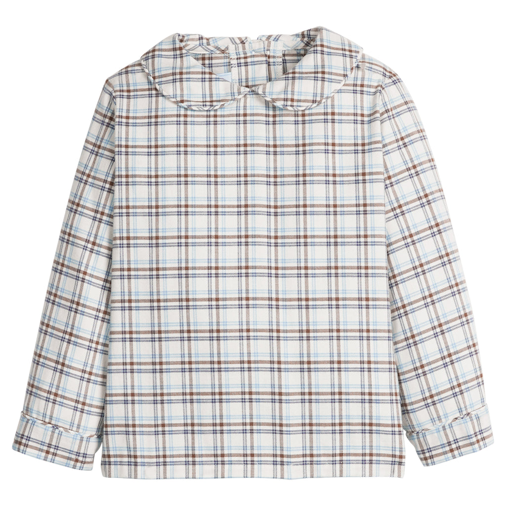 little english classic children's clothing, peter pan collar long sleeve shirt in light blue, cream, and brown plaid for boys for fall 