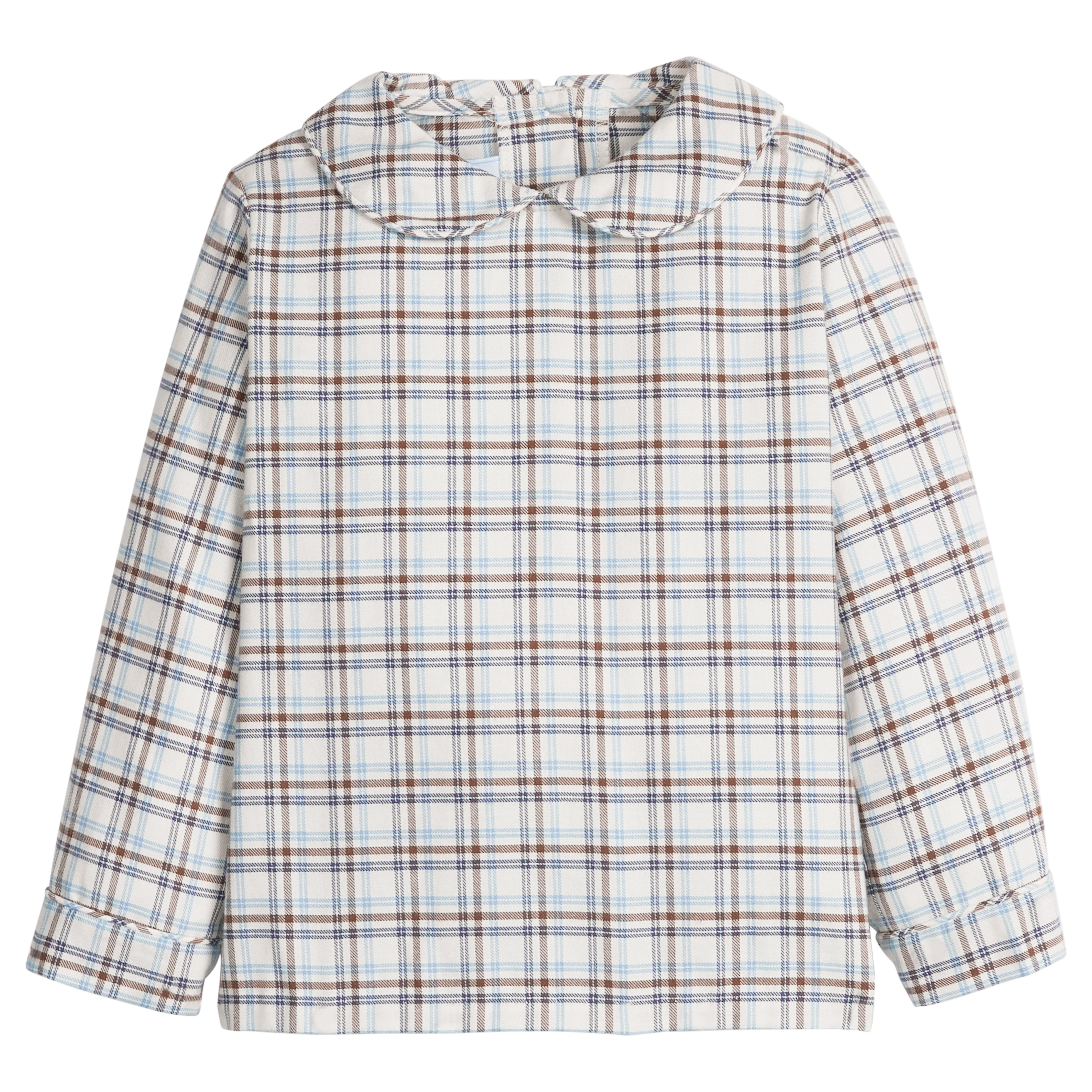 little english classic children's clothing, peter pan collar long sleeve shirt in light blue, cream, and brown plaid for boys for fall 