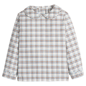little english classic children's clothing, peter pan collar long sleeve shirt in light blue, cream, and brown plaid for boys for fall 