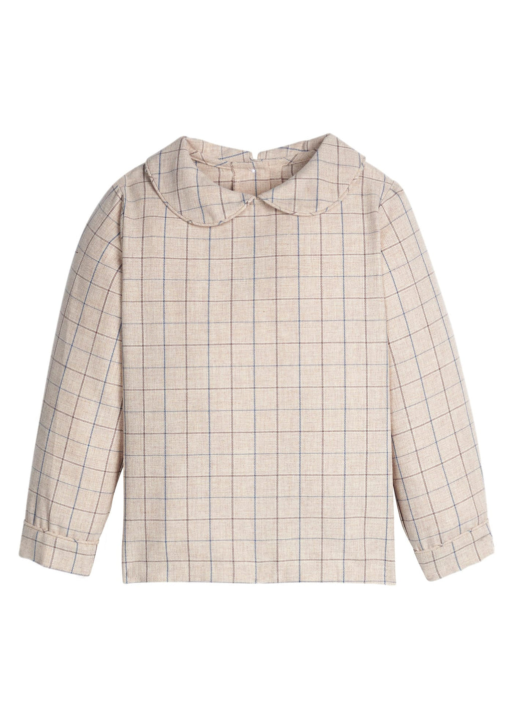 Little English traditional children's clothing.  Tan and blue Durham Windowpane peter pan shirt for toddler boys