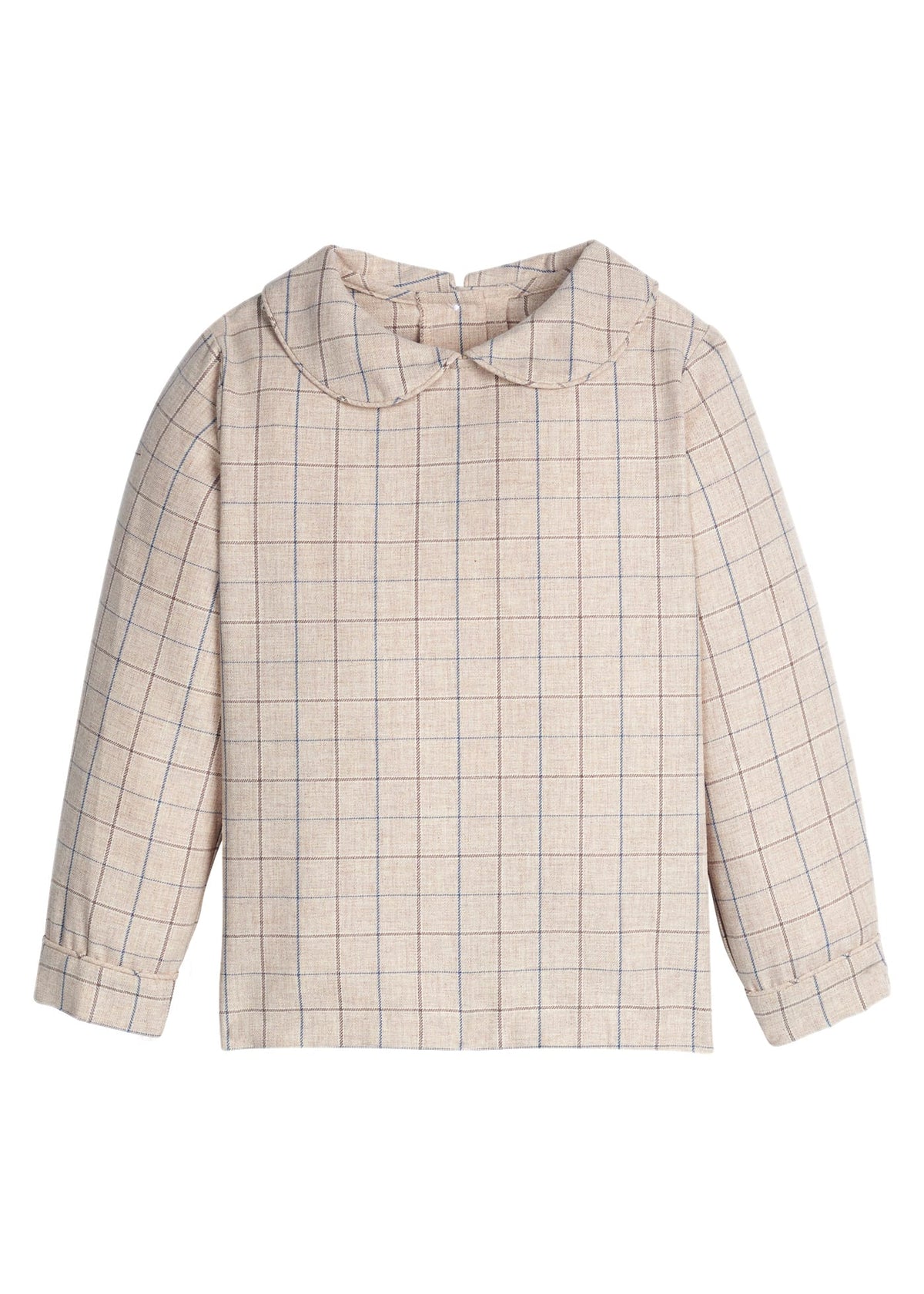 Little English traditional children's clothing.  Tan and blue Durham Windowpane peter pan shirt for toddler boys