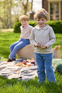 Little English traditional children's clothing.  Tan and blue Durham Windowpane peter pan shirt for toddler boys paired with stormy blue corduroy pull on pants.