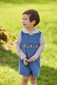 Little English traditional children's clothing.  Khaki Gingham peter pan shirt for toddler boys paired with stormy blue corduroy john john with flying mallard smocking across chest. 