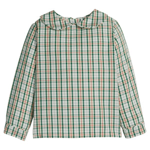 little english classic children's clothing boys long sleeve peter pan collared shirt in a cream, red, and green plaid for holiday 