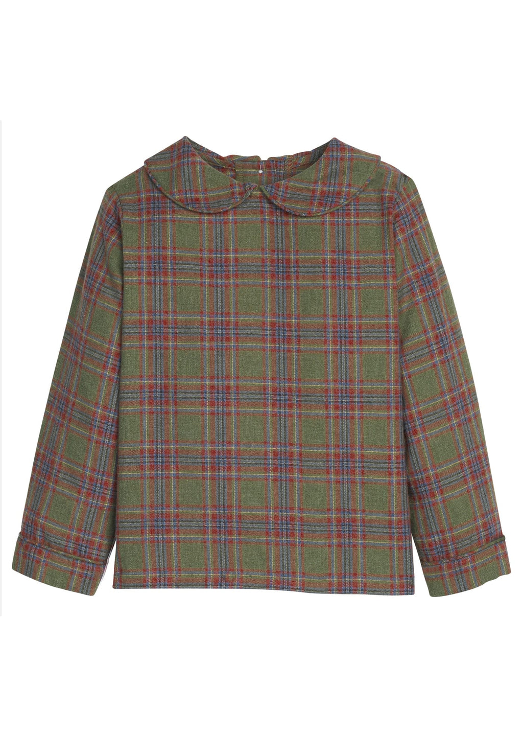 Little English traditional children's clothing.  Olive, maroon, and blue Thornhill Plaid peter pan shirt for toddler boys 