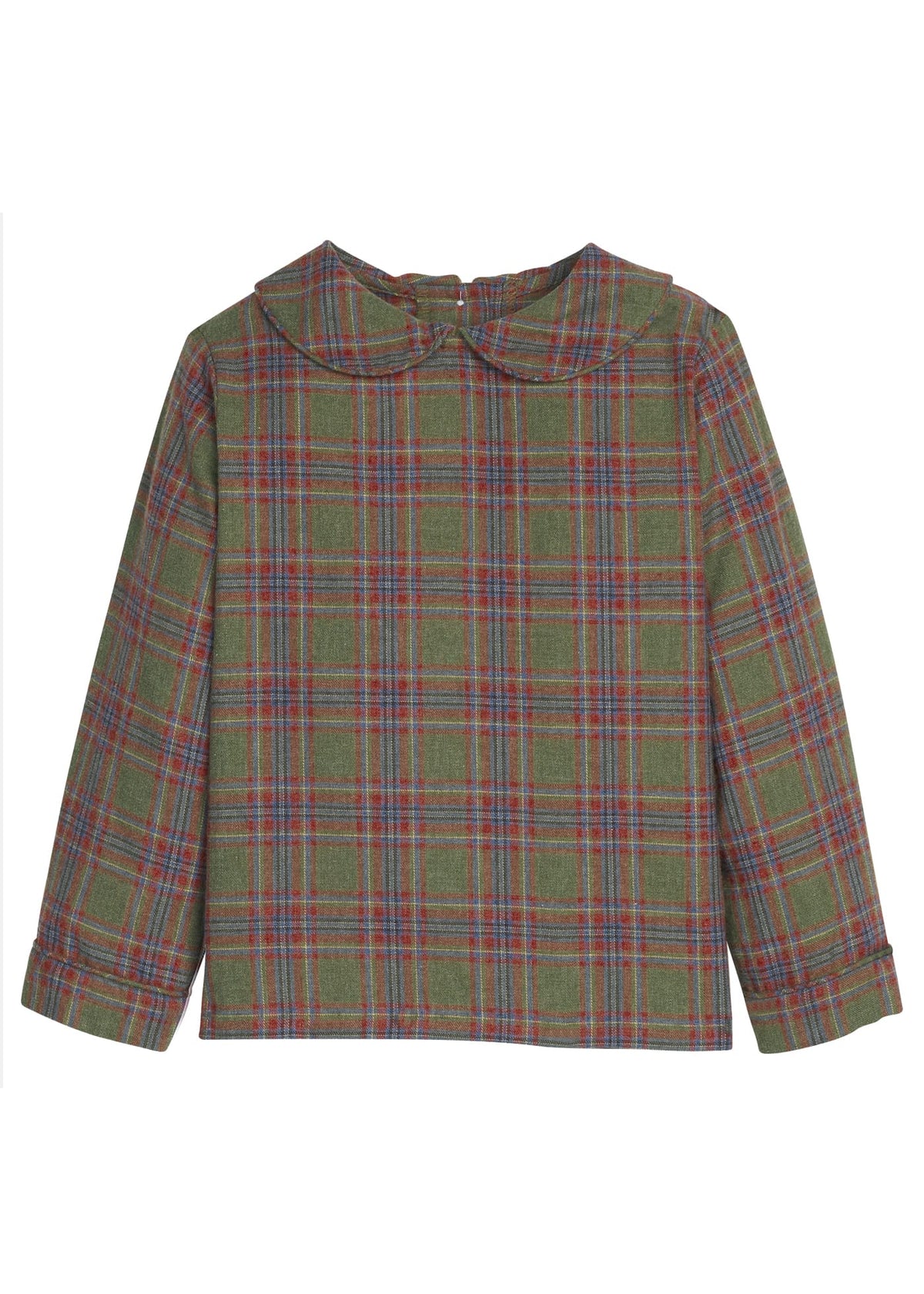 Little English traditional children's clothing.  Olive, maroon, and blue Thornhill Plaid peter pan shirt for toddler boys 
