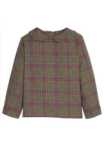Little English traditional children's clothing.  Olive, maroon, and blue Thornhill Plaid peter pan shirt for toddler boys 