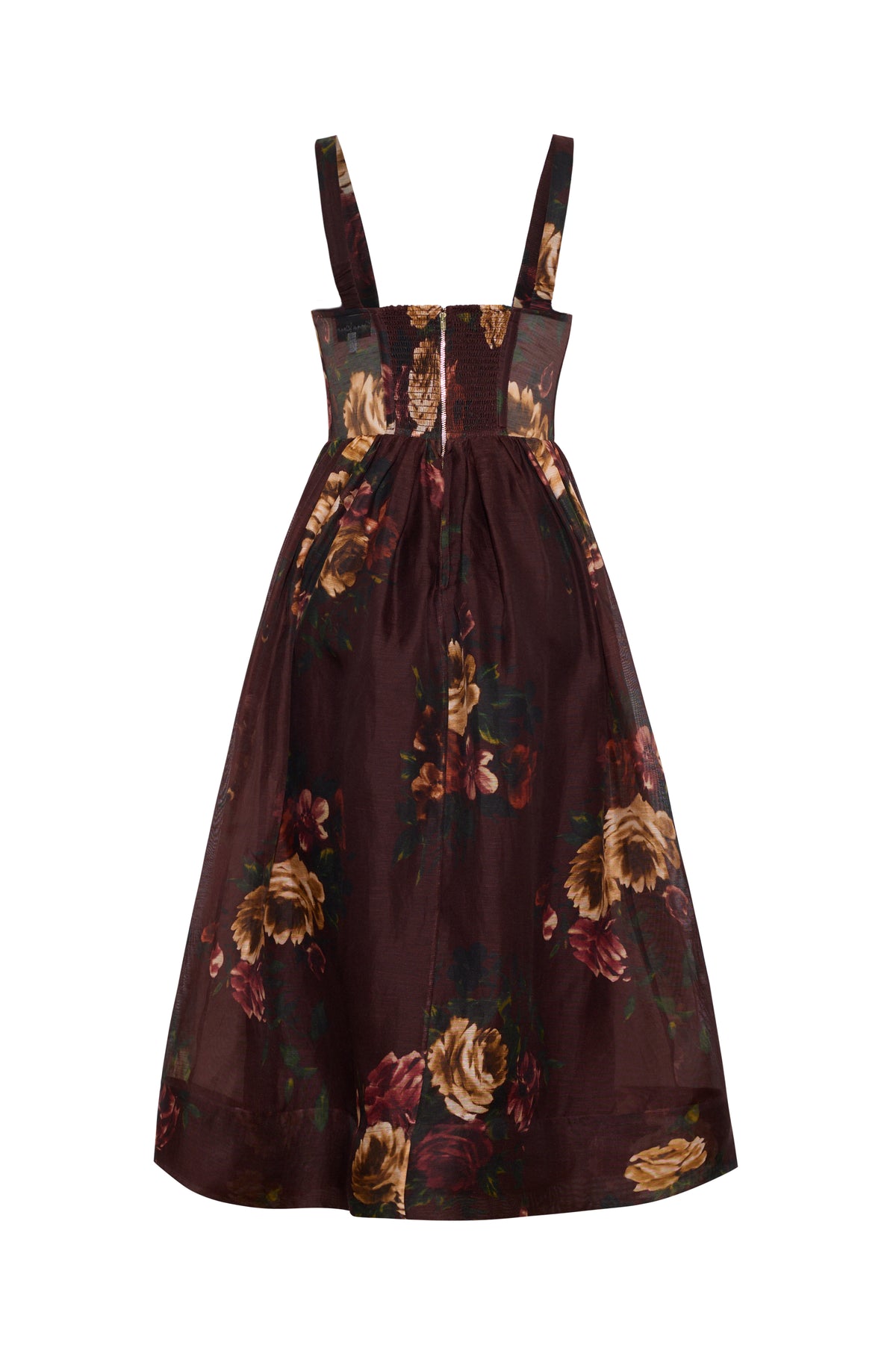 Back view of the Phoebe Midi Dress in Ariana Flora Merlot showcasing floral puff skirt and exposed zipper on white background