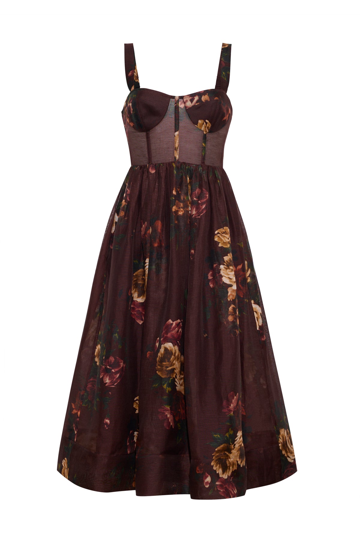 Front view of Pheobe Midi Dress in Ariana Flora Merlot showcasing floral print, bustier bodice and puff skirt on white background