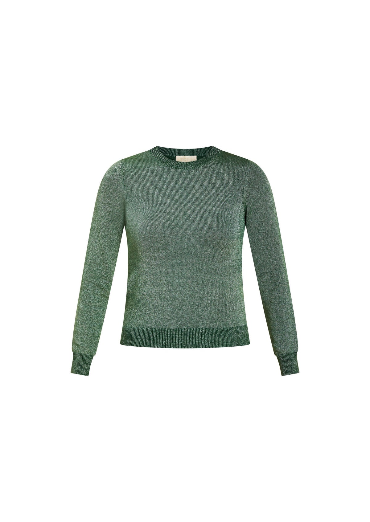 Front view of Phoebe Sparkle Knit Sweater in Emerald Green with metallic cotton knit, crew neckline, long sleeves, ribbed trim