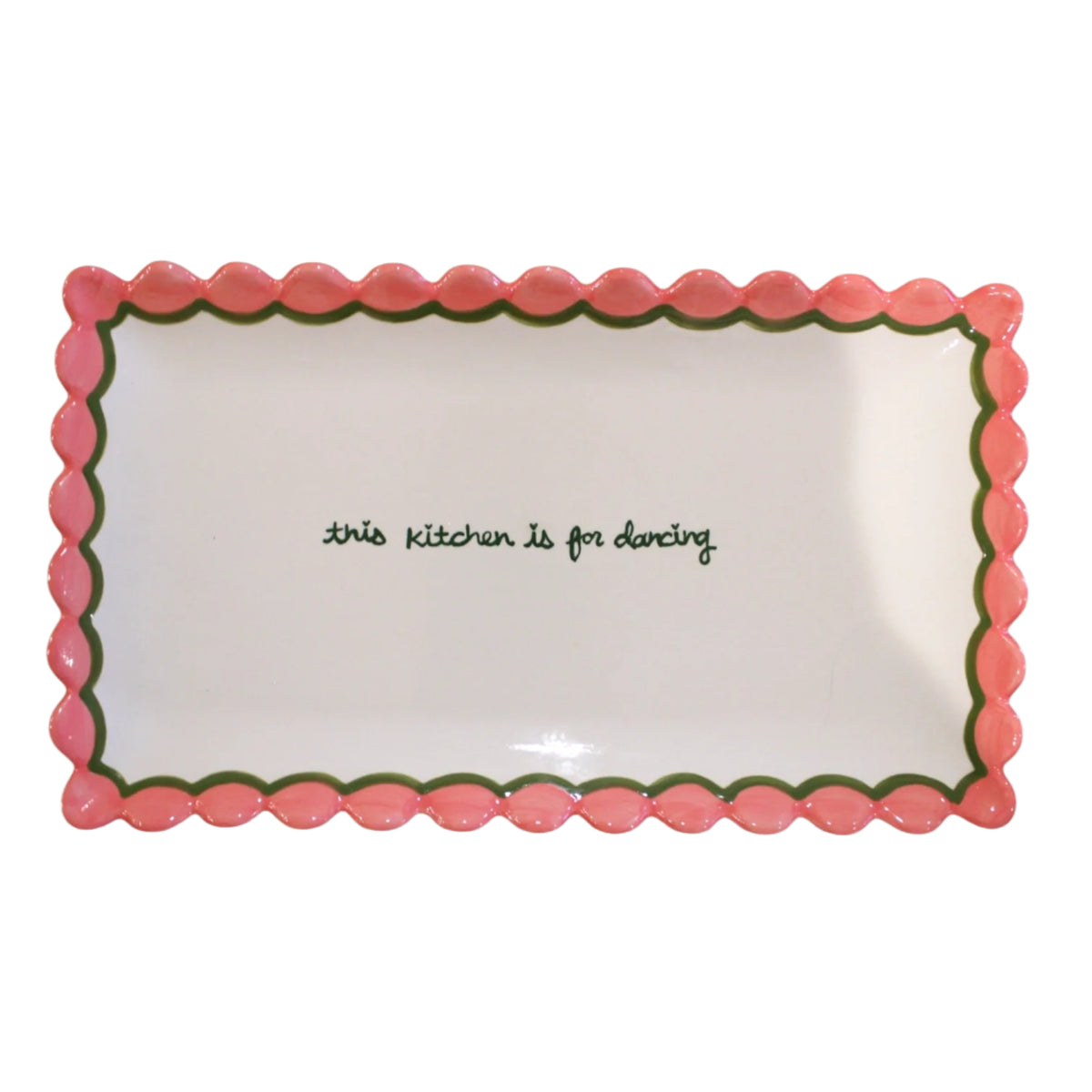 Top view of hand-painted This Kitchen is for Dancing scalloped tray with pink rim, green border, and white center