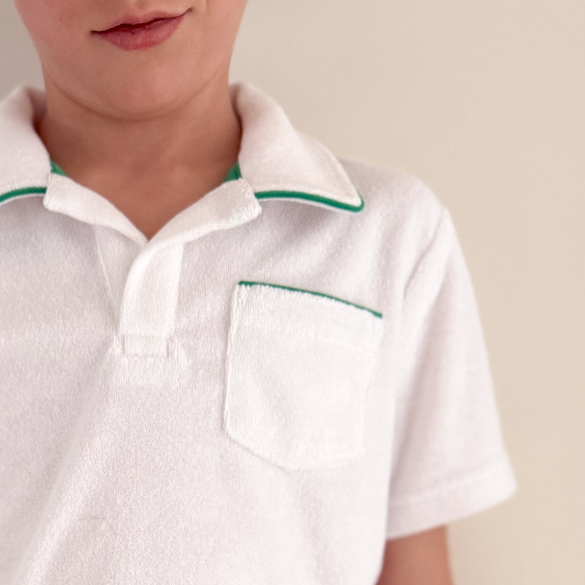 Boys White French Terry Polo With Bermuda Green Trim