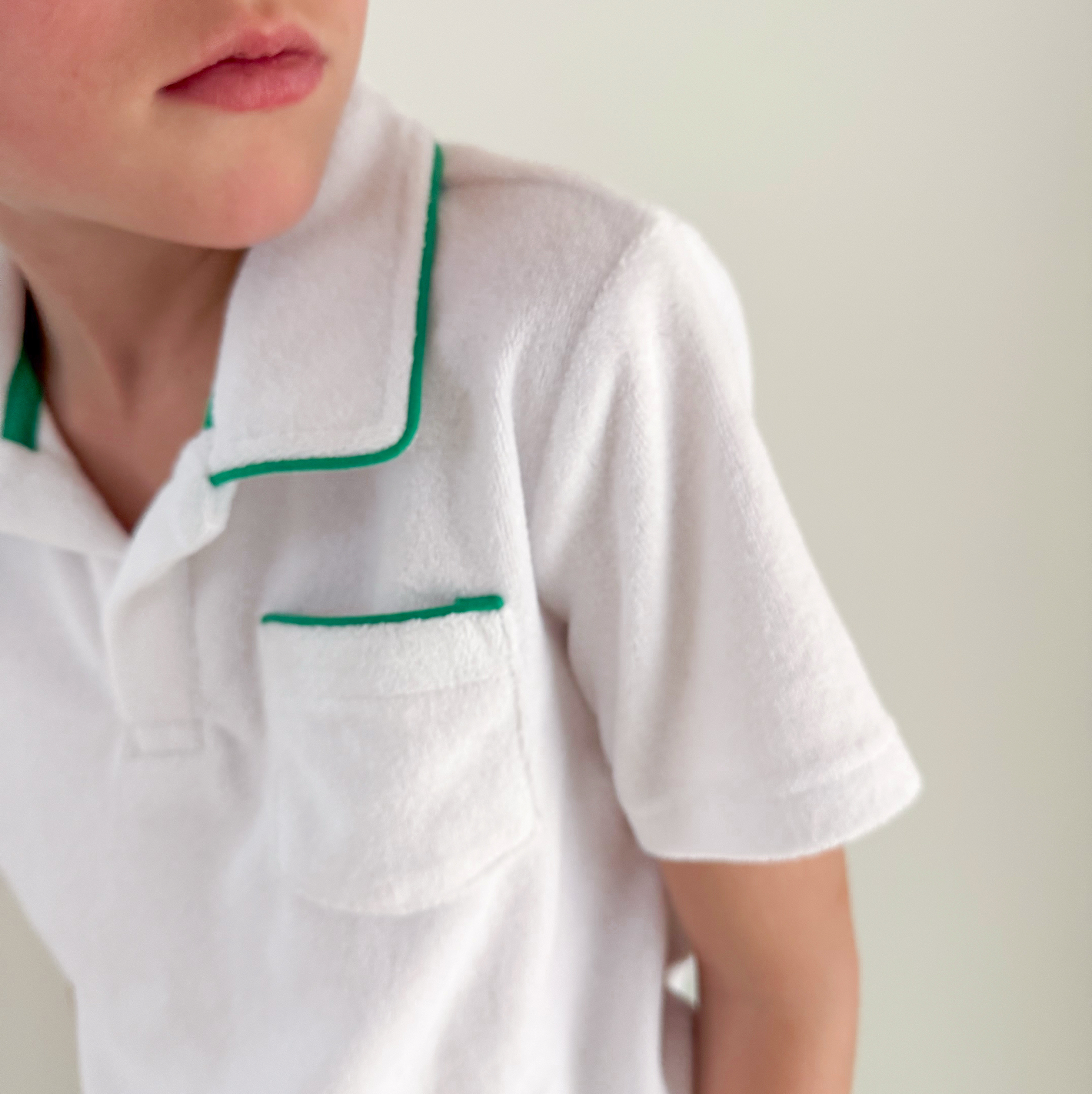 Boys White French Terry Polo With Bermuda Green Trim