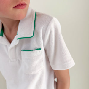 Boys White French Terry Polo With Bermuda Green Trim