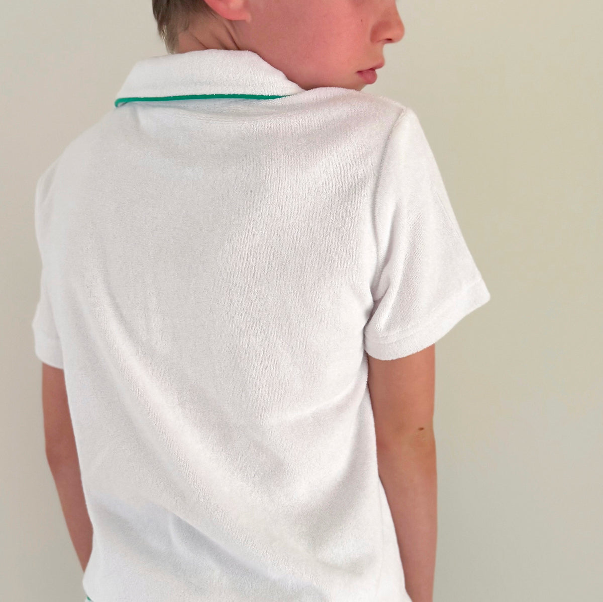 Boys White French Terry Polo With Bermuda Green Trim