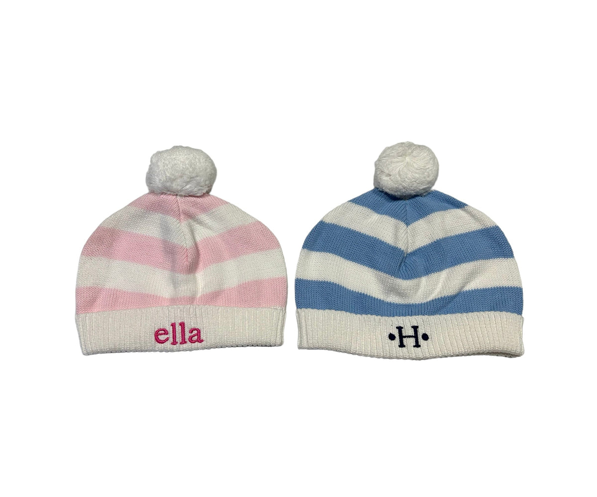 Cotton Striped Hat with Pom Pom in White & Pink