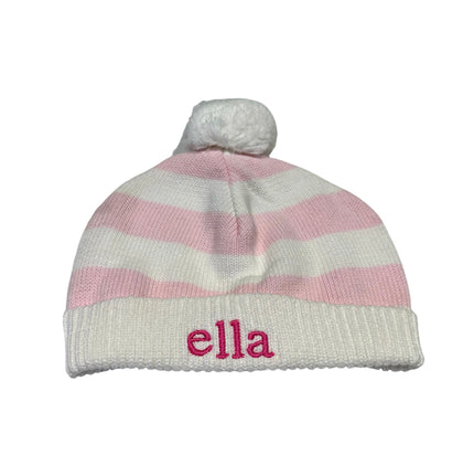 Cotton Striped Hat with Pom Pom in White & Pink