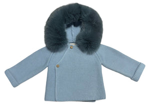 Knit Jacket with Removable Fur Hood in Blue