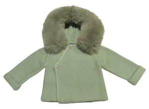 Knit Jacket with Removable Fur Hood in Sage