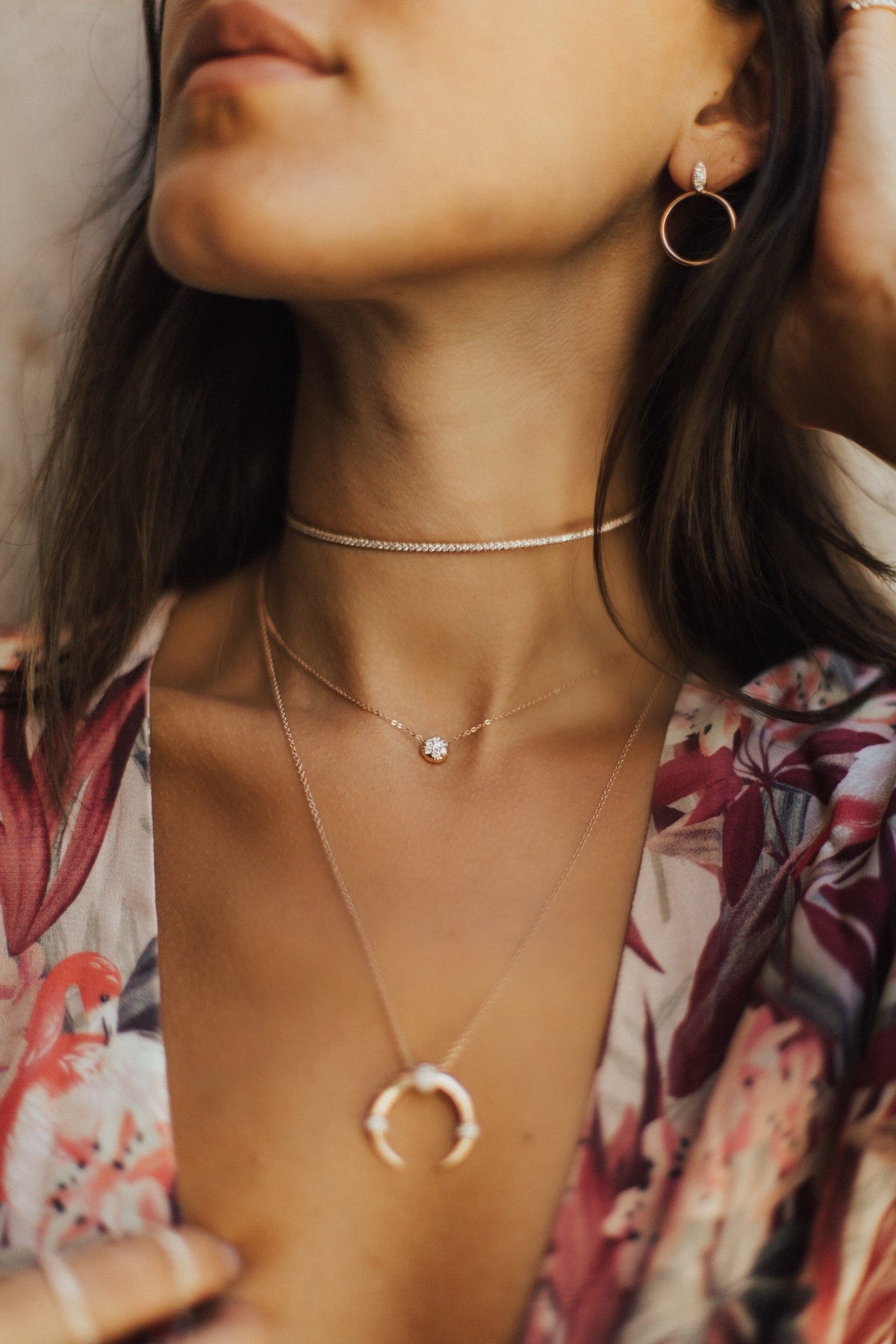 The Bullet Choker Chain shown beautifully layered with the Infinity Choker and Dharma Necklace., 14k yellow gold, 14k rose gold, 14k white gold