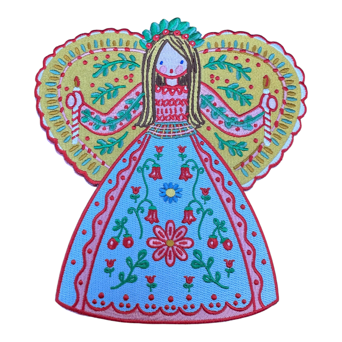 Front view of embroidered angel Christmas tree topper with colorful floral embroidery on the angel design against a white background