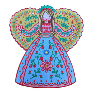 Front view of embroidered angel Christmas tree topper with colorful floral embroidery on the angel design against a white background