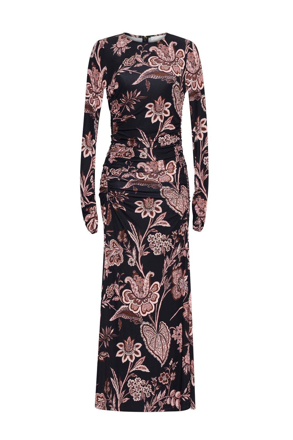 Front view of Piermond Dress in Linden Bloom Black showcasing allover floral print, ruched fit, and long sleeves