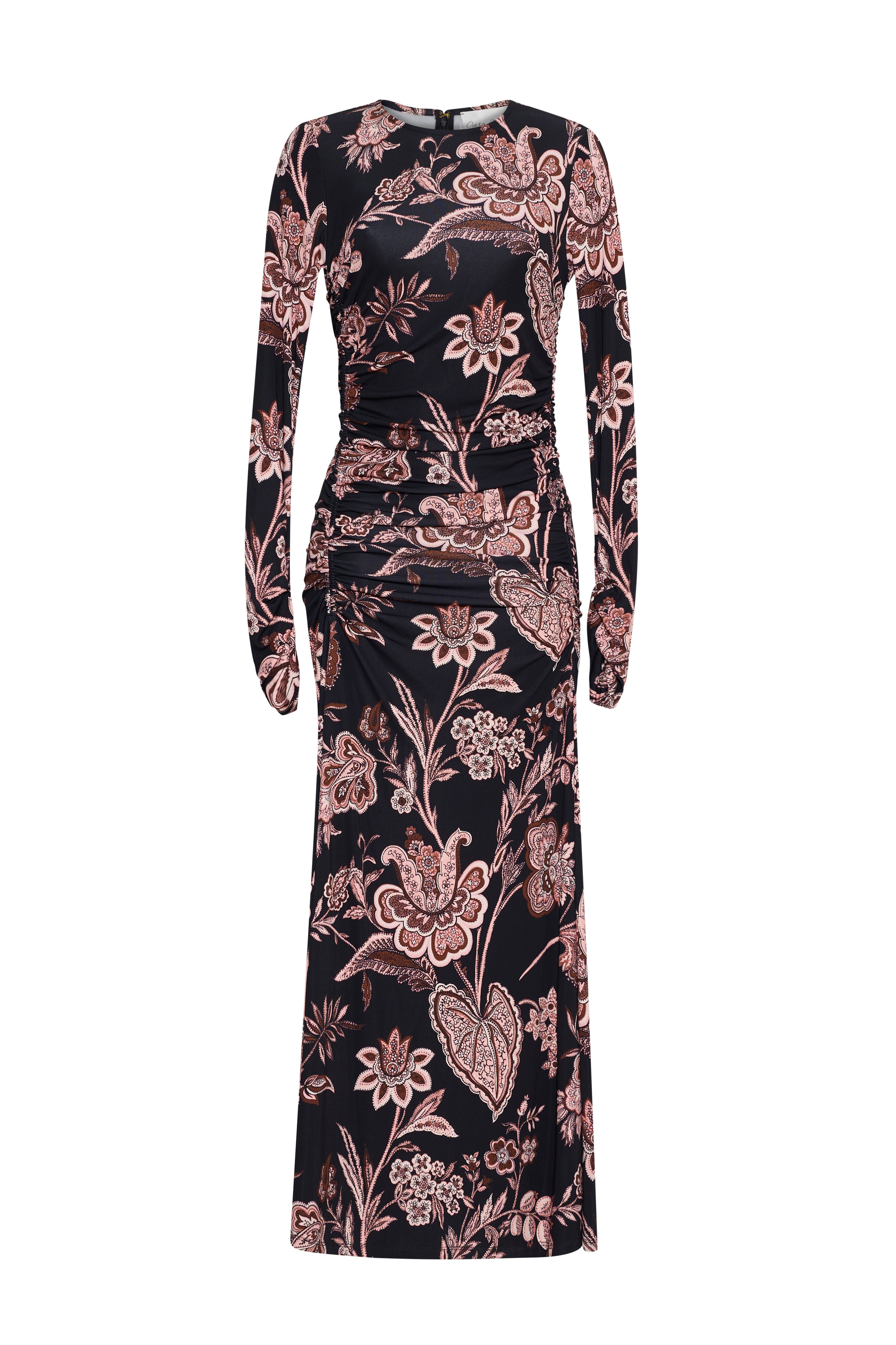 Front view of Piermond Dress in Linden Bloom Black showcasing allover floral print, ruched fit, and long sleeves