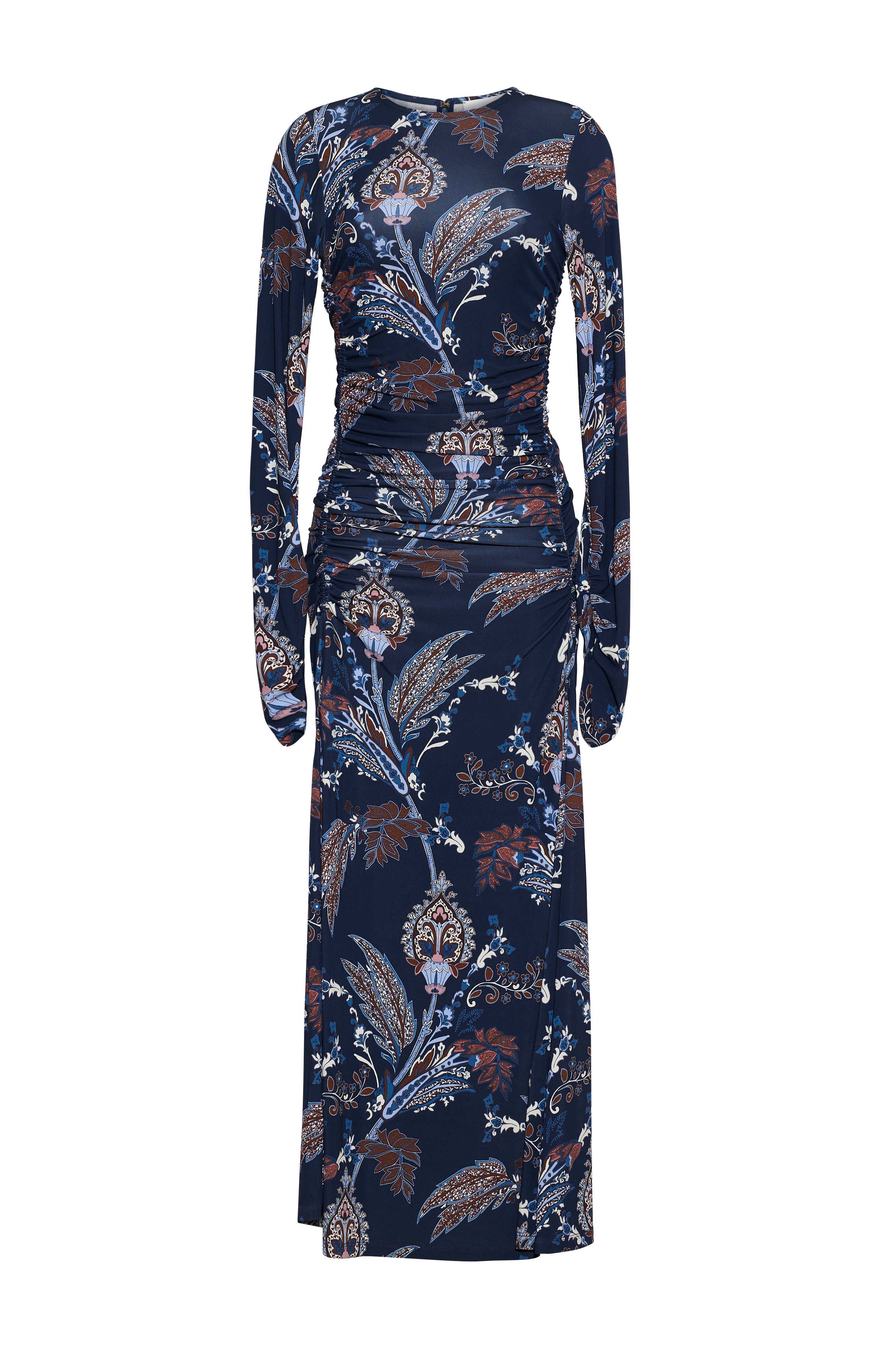 Front view of Piermond Dress in Mod Paisley Navy showcasing ruched midi styling and long sleeves on a white background