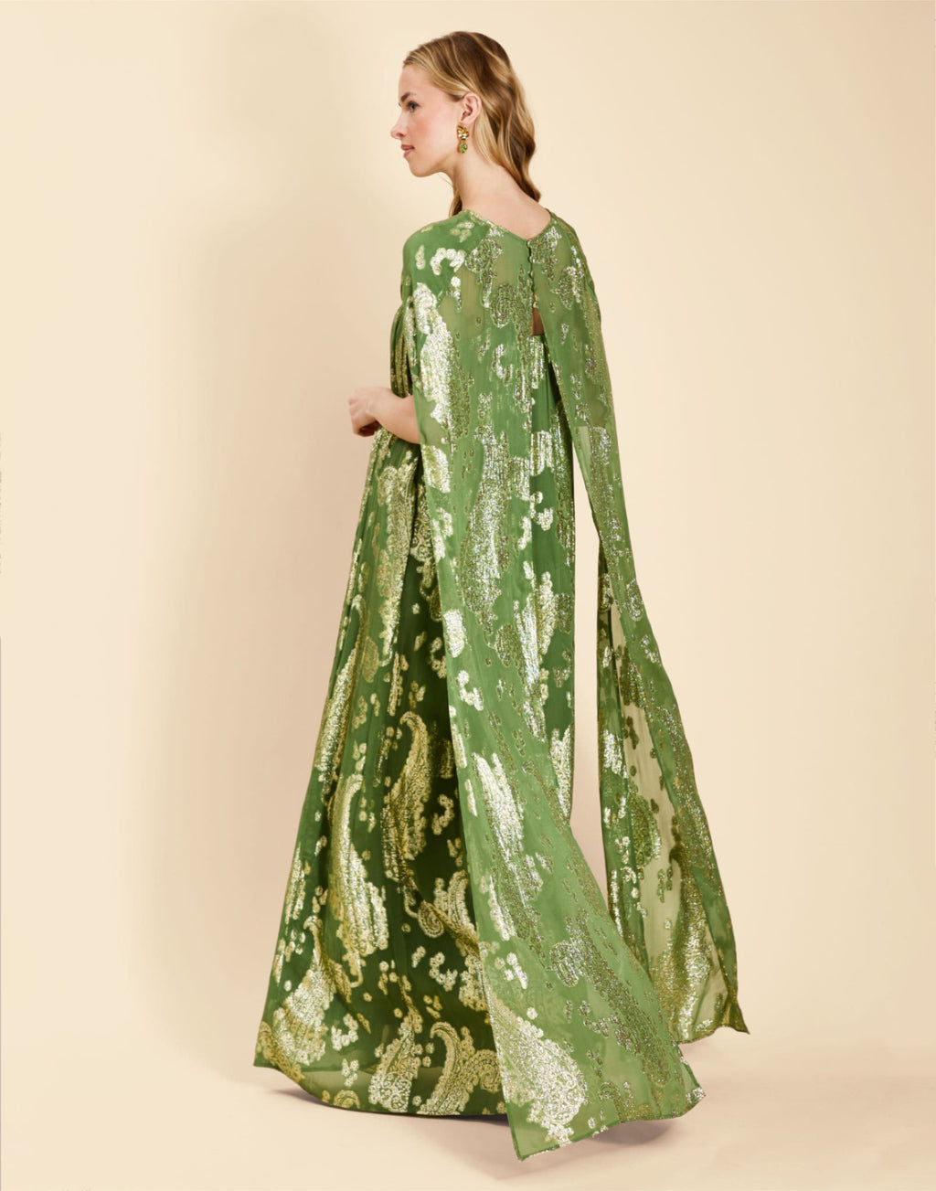 Pietro Convertible Cape Gown in Evergreen Metallic