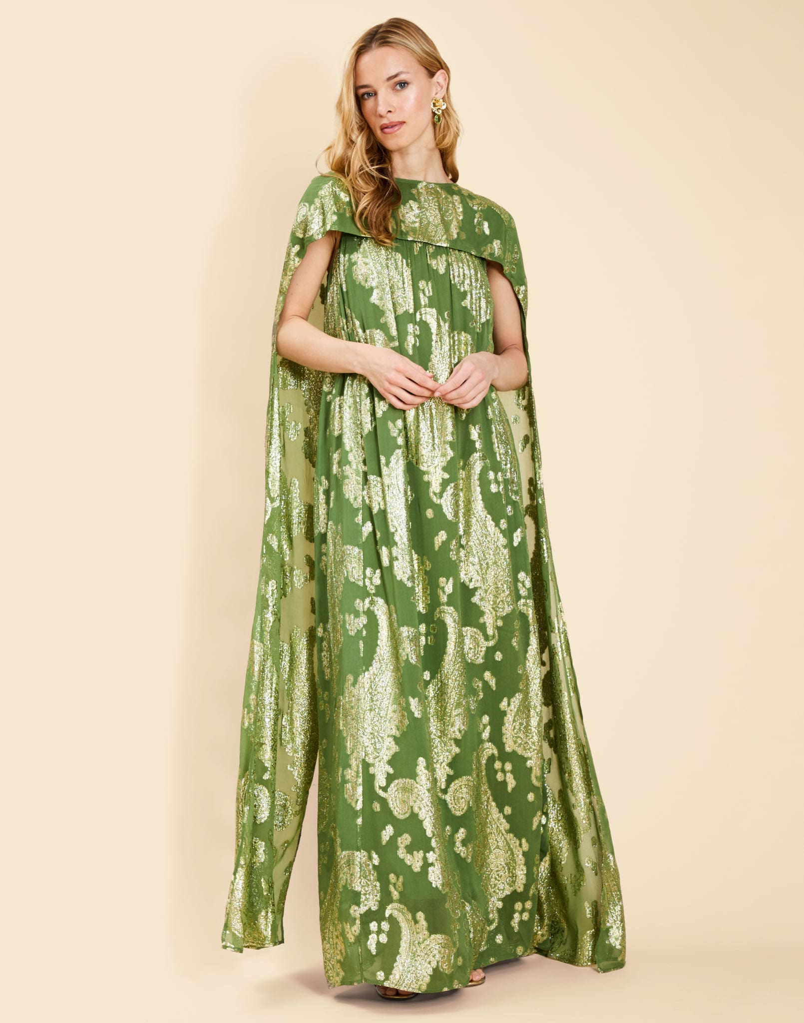 Pietro Convertible Cape Gown in Evergreen Metallic