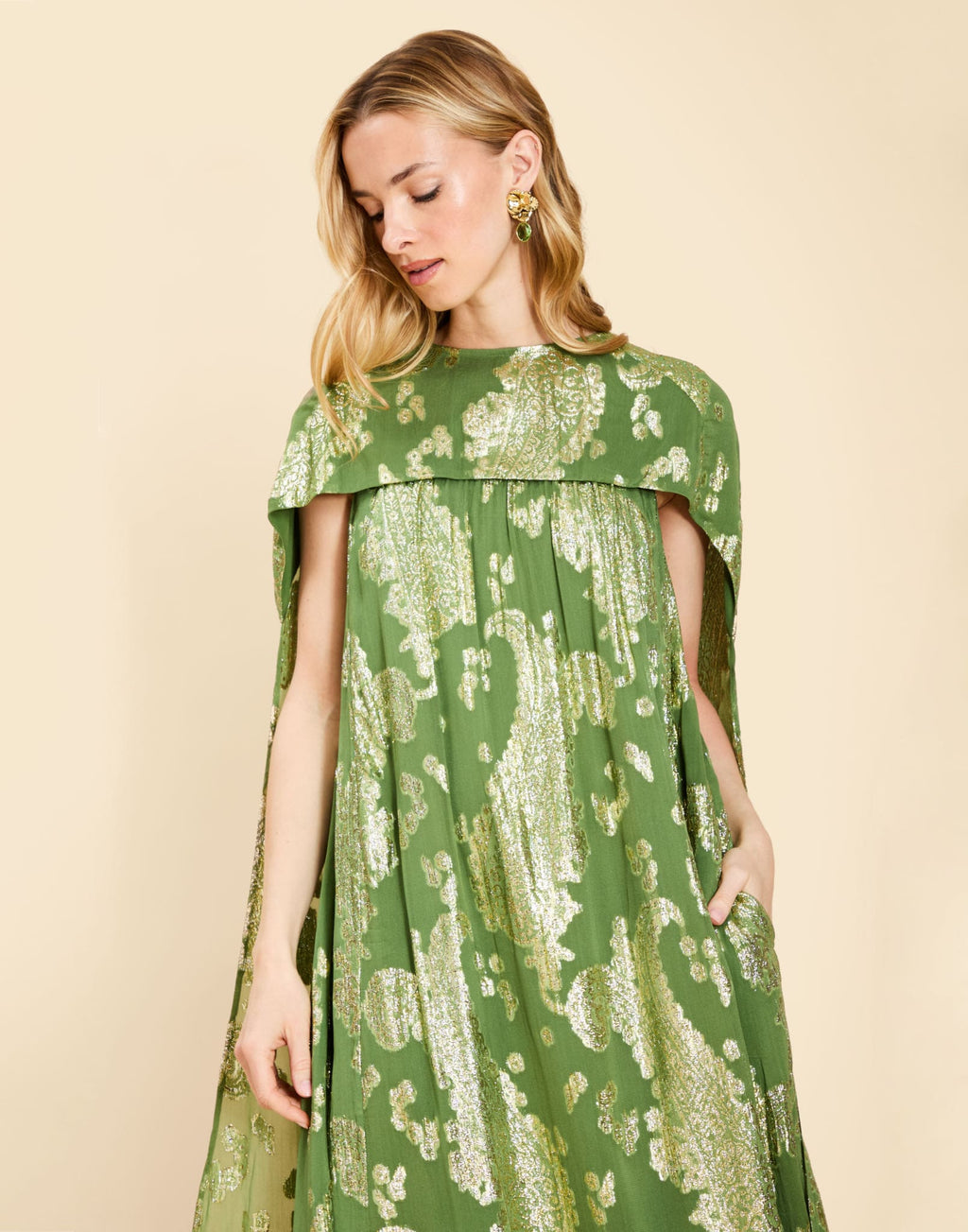 Pietro Convertible Cape Gown in Evergreen Metallic