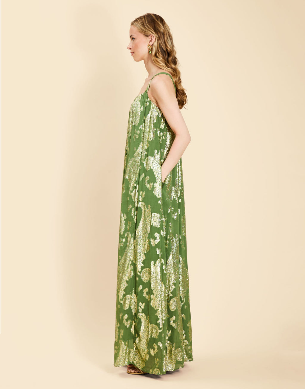 Pietro Convertible Cape Gown in Evergreen Metallic