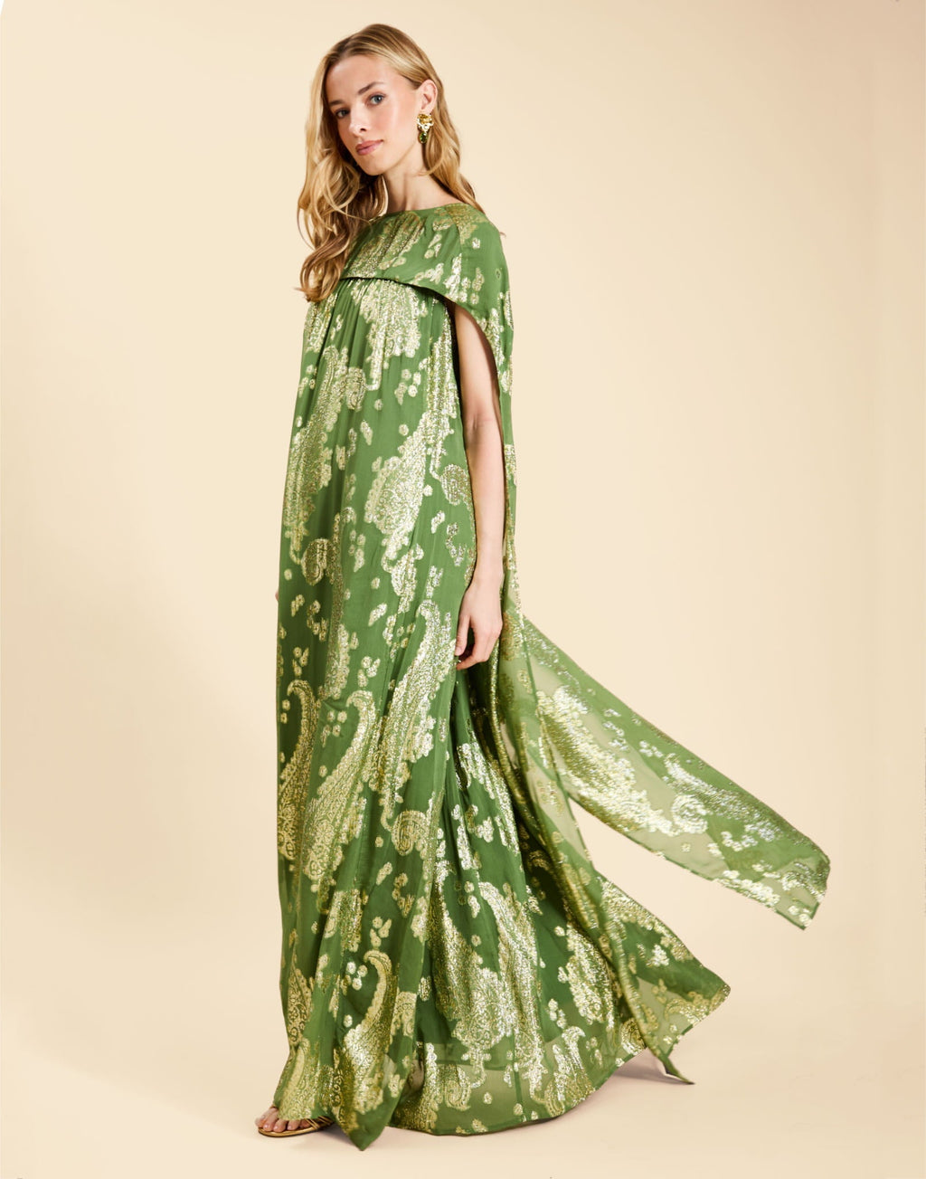 Pietro Convertible Cape Gown in Evergreen Metallic