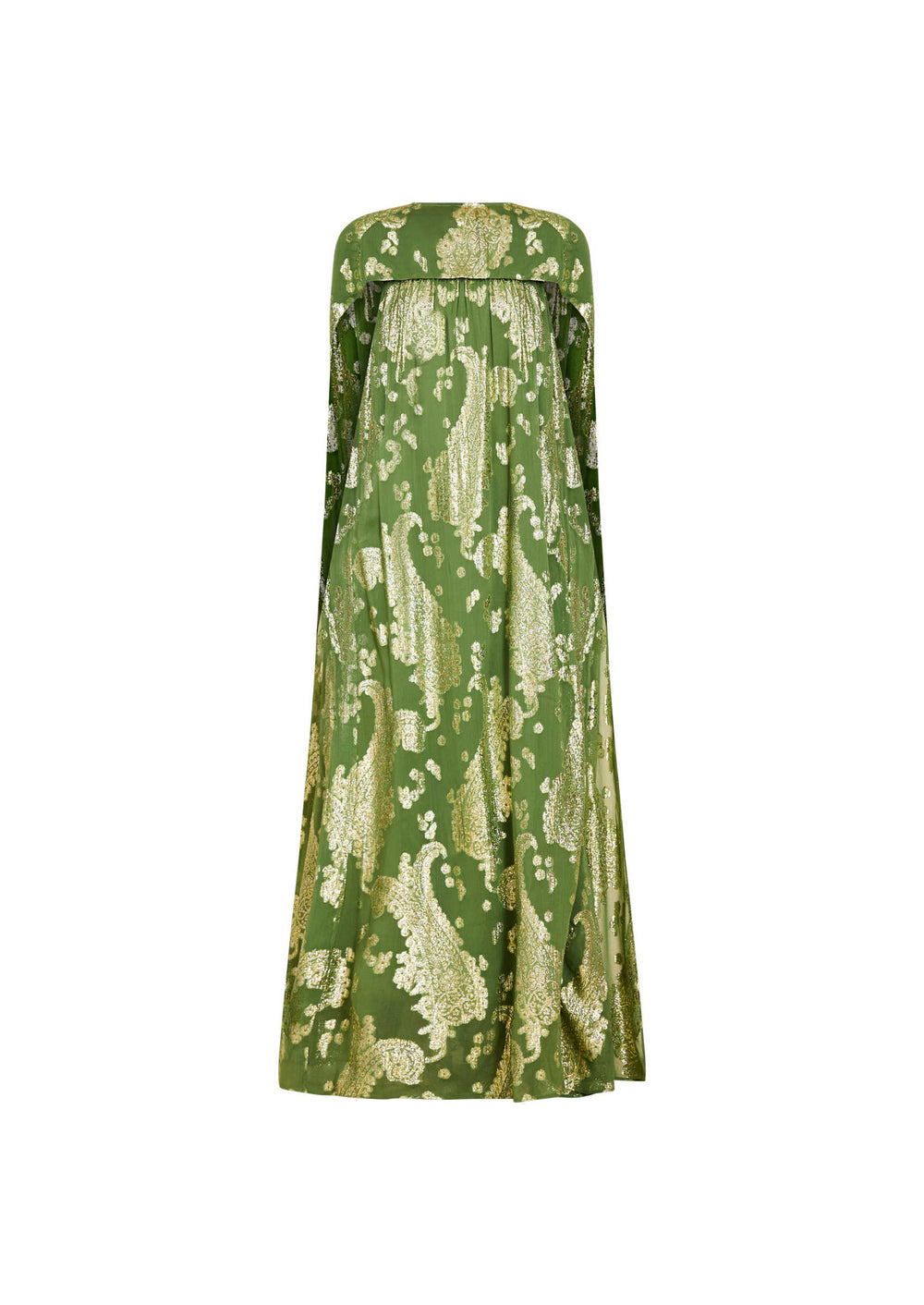 Back view of Pietro Convertible Cape Gown showcasing an evergreen metallic pattern and cape overlay against a white background