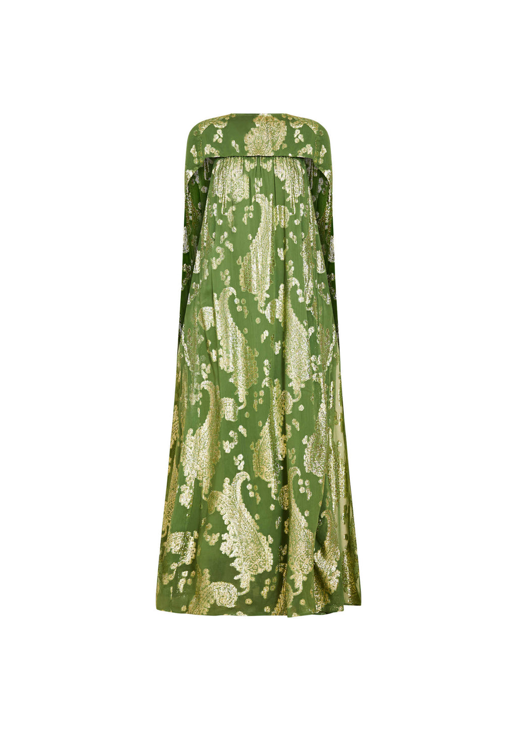 Back view of Pietro Convertible Cape Gown showcasing an evergreen metallic pattern and cape overlay against a white background