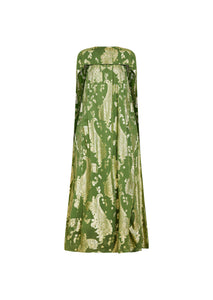 Back view of Pietro Convertible Cape Gown showcasing an evergreen metallic pattern and cape overlay against a white background